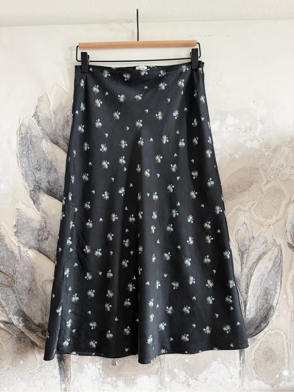 Wilfred Black Midi Silk Skirt with Blue Floral Print